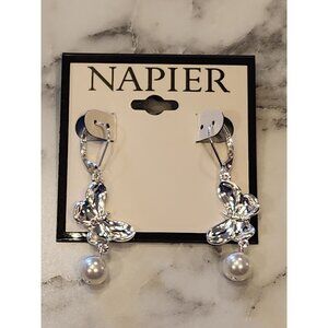 Napier Silver-Tone Butterfly & Faux Pearl Drop Earrings